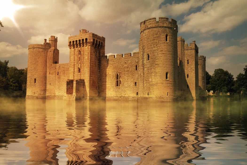 A castle surrounded by water